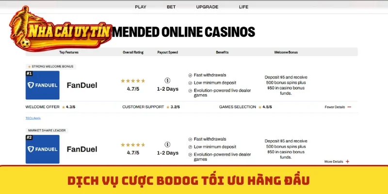 Dịch vụ cược Bodog tối ưu hàng đầu